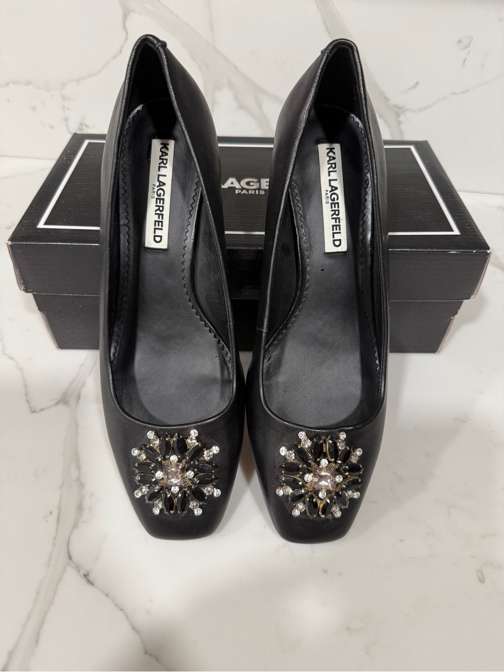 Karl Lagerfeld Black Leather Pumps with Crystal Sunburst